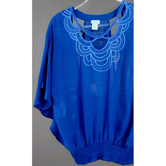 Charming Charlie Women's M Royal Blue Embroidered Blouse Semi Sheer Boho Chic - Picture 2 of 8